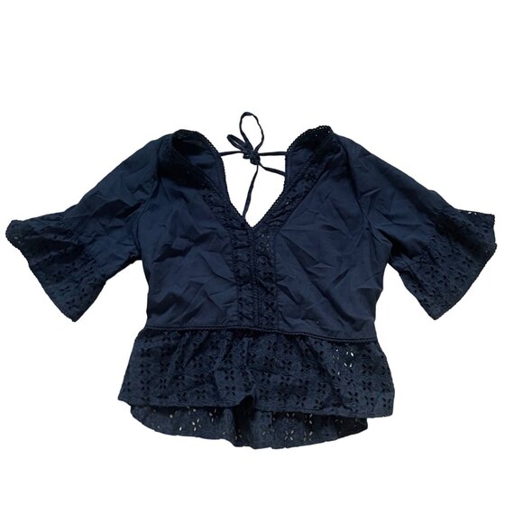 Abercrombie & Fitch Womens Medium Black Eyelet Lace V-Neck Blouse With 3/4 Sleev - Picture 1 of 8
